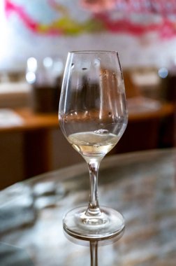 Wine tasting in underground cellars caves of French wine domain in Puligny-Motrachet village, Burgundy, France with map of Burgundy wine appelations and soils on background.