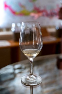 Wine tasting in underground cellars caves of French wine domain in Puligny-Motrachet village, Burgundy, France with map of Burgundy wine appelations and soils on background.