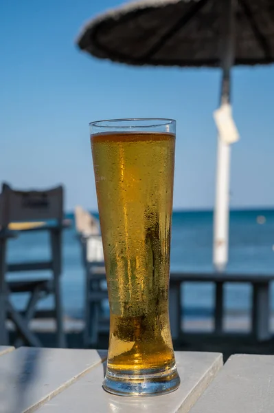 Ein Pint Kaltes Lagerbier Freien Der Sonnigen Strandbar Auf Zypern — Stockfoto