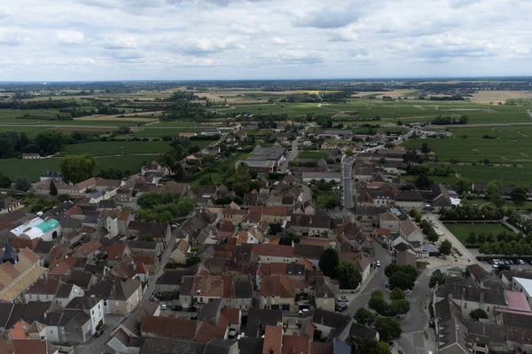 Aerial view on green vineyards and Puligny-Montrachet village, production of high quality famous French white wine in region Burgundy, France