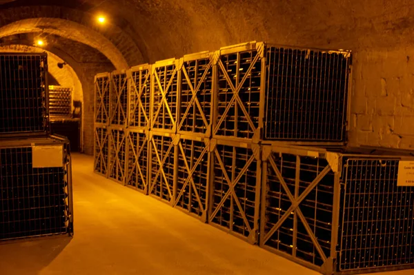 Прогуливаясь Глубоких Подземных Пещерах Пыльными Бутылками Стойках Делая Шампанское Игристое — стоковое фото