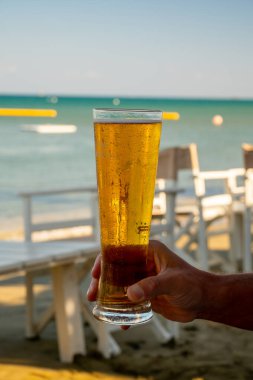 Kıbrıs 'taki güneşli sahil barında bira servis ediliyor.