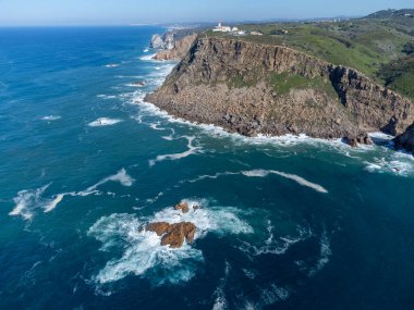 Avrupa kıtasının en batı noktası Cabo da Roca, Lizbon bölgesi, Portekiz, hava manzarası
