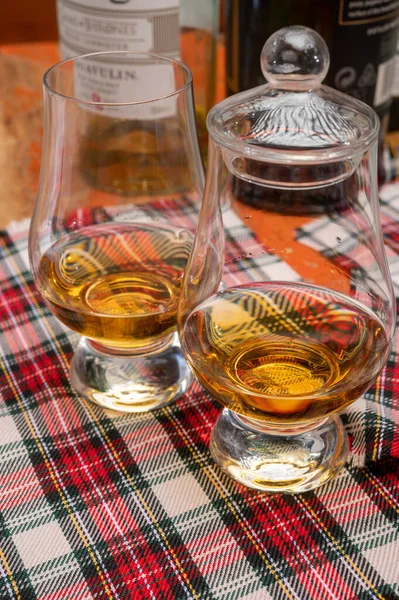 郁金香形品酒杯 苏格兰威士忌单杯麦芽酒或苏格兰格子丹混合威士忌 — 图库照片