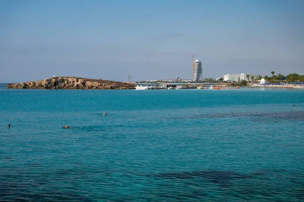 stock image Aerial panoramic view on blue crystal clear water on Mediterranean sea on Nissi beach, Ayia Napa, Cyprus. Sea holidays.