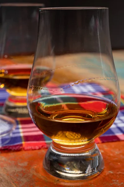 stock image Tulip-shaped tasting glass with dram of Scotch single malt or blended whisky on wooden table with Scottish tartan