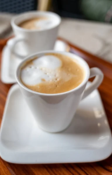 Copa Blanca Café Con Leche Servido Cafetería Aire Libre Francia — Foto de Stock