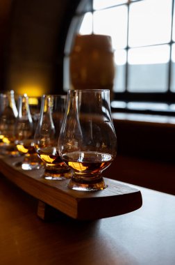 Flight of single malt scotch whisky in glasses served in bar in Edinburgh, UK, tasting of dram of whiskey