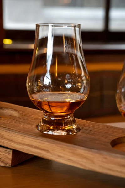 Flight Single Malt Scotch Whisky Glasses Served Bar Edinburgh Tasting — 스톡 사진