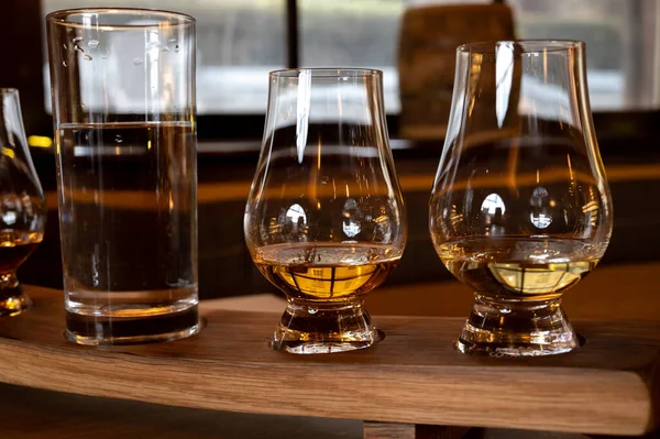 Flight Single Malt Scotch Whisky Glasses Served Bar Edinburgh Tasting — 图库照片