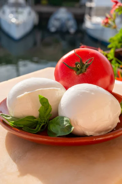 白い柔らかいイタリアのモッツァレラブファラチーズと赤いトマトとバジルのボールが屋外で提供 — ストック写真