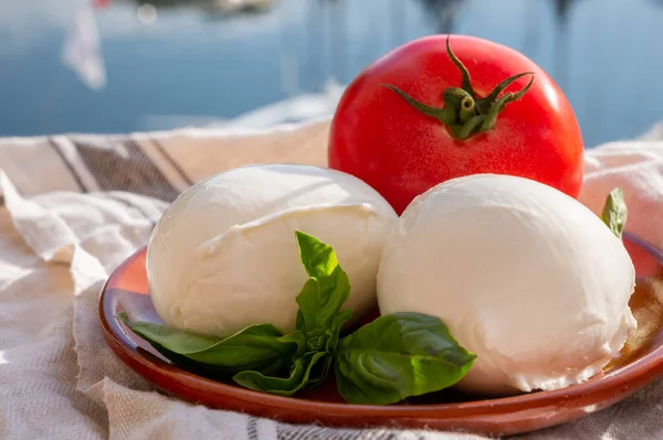 白い柔らかいイタリアのモッツァレラブファラチーズと赤いトマトとバジルのボールが屋外で提供 — ストック写真