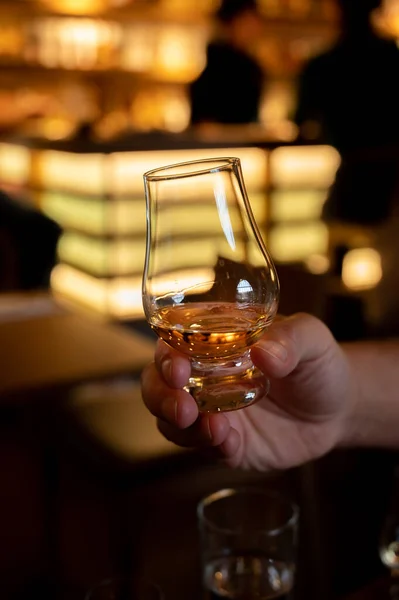 Tasting Single Malt Scotch Whisky Scottish Bar Edinburgh Hand Glass — Foto Stock