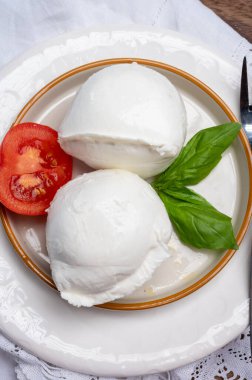 Beyaz İtalyan yumuşak peyniri Mozzarella di Bufala Campana topları taze yeşil fesleğen yaprakları ve kırmızı domatesle servis edilir.