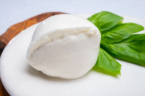 Bílá Kulička Italského Měkkého Sýra Mozzarella Bufala Campana Podávaná Čerstvými — Stock fotografie
