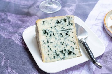 Bir parça Bleu de Laqueuille yarı sert AOP Çiğ inek sütünden yapılmış Fransız mavi peyniri.