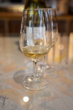Chablis kasabası, Burgundy, Fransa 'da küçük bir şaraphanede beyaz Chablis Chardonnay şarabı tatmak.