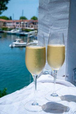 Yaz partisi, Fransız brut şampanyası içmek yatta şarap içmek Saint-Tropez yakınlarındaki Port Grimaud limanında, Fransız Riviera tatili, Fransa