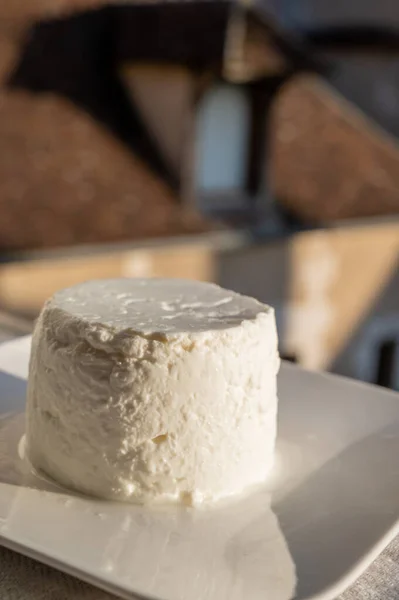 Fransız Yumuşak Beyaz Keçi Peyniri Eski Şehirde Gün Işığında Servis — Stok fotoğraf