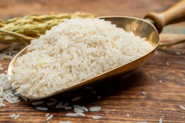 Organik beyaz pişmemiş pirinç ve kurutulmuş Hint basmati pilavı ahşap masaya ekilir.