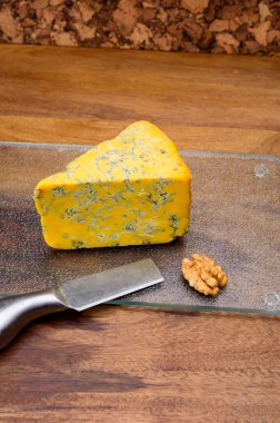 Peynir koleksiyonu, bir parça eski İngiliz Shropshire mavi peyniri. Yakın çekim.