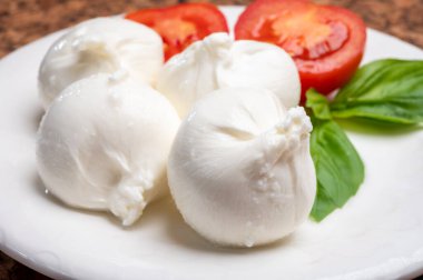 Puglia 'dan taze el yapımı İtalyan peyniri yemek, beyaz burrata topları veya mozzarella ve kremadan yapılmış burratina peyniri yemek.