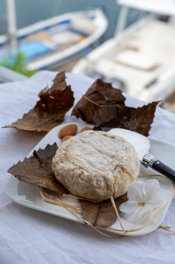 Pastörize edilmemiş keçi sütünden kestane yapraklarına sarılı Fransız peyniri banonu.