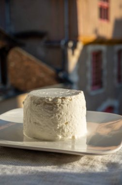 Fransız yumuşak beyaz keçi peyniri Eski şehirde gün ışığında servis edilir
