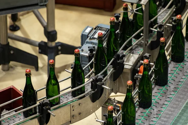Production of cremant sparkling wine in Burgundy, France. Automatically powered bottling, corking, packaging lines on factory.