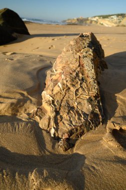 Değişik katmanlı renkli taşların jeolojik oluşumu, sarı kum, kil, mermer, Magoito sahilindeki fosil kayalar, Lizbon yakınlarındaki Atlantik Okyanusu kıyıları.