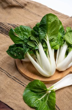Genç taze organik bok choy veya bak choi Çin lahanası pişirmeye hazır