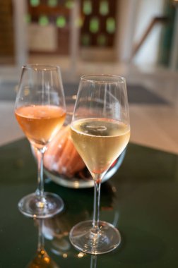 Şampanya, Fransa 'daki yeraltı mağaralarında geleneksel yöntemlerle üretilen brut ve gül şampanyası şampanyası tatma.