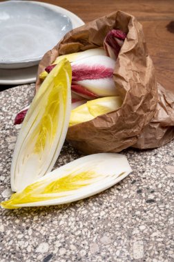 Taze organik Belçika endivi veya acı yeşil ve kırmızı hindiba marulu.