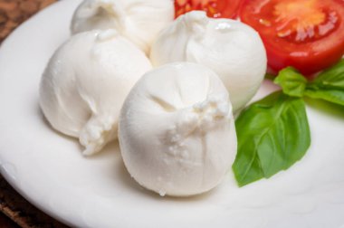 Puglia 'dan taze el yapımı İtalyan peyniri yemek, beyaz burrata topları veya mozzarella ve kremadan yapılmış burratina peyniri yemek.