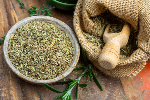 Herbes de Provence, mixture of dried herbs typical of the Provence region, blends often contain savory, marjoram, rosemary, thyme, oregano, lavender leaves, used with grilled food and stew