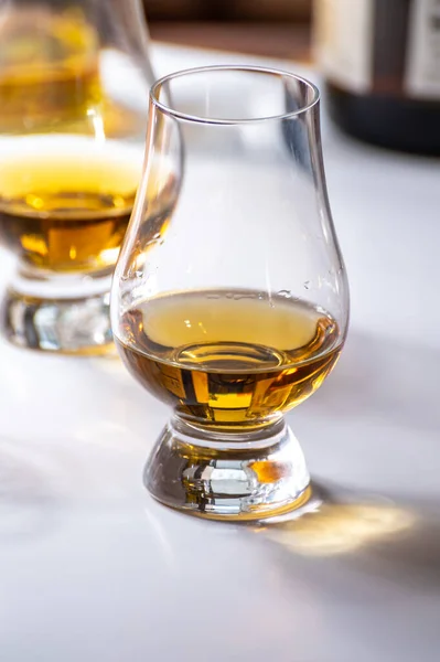 Tasting of whiskey, tulip-shaped tasting glasses with dram of Scotch single malt or blended whisky on white table, close up