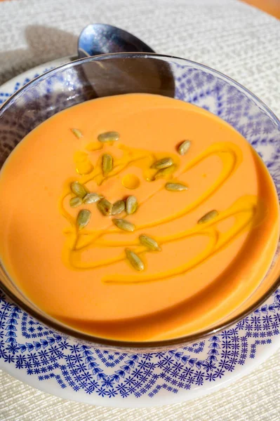Famous vegetables cold soup from Cordoba, Andalusia salmorejo served cold in cafe for lunch as starter dish close up