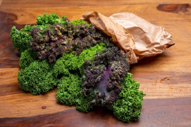 Vejetaryen yemekleri, taze kış sebze yaprakları yeşil ve mor lahana.