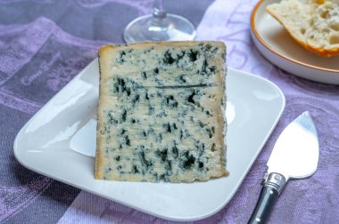 Bir parça Bleu de Laqueuille yarı sert AOP Çiğ inek sütünden yapılmış Fransız mavi peyniri.