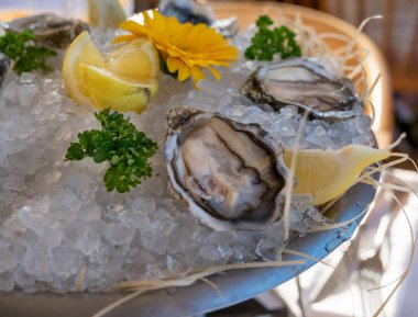 Fransız restoranında buzda limonla servis edilen taze açık istiridye deniz ürünleri yenmeye hazır.