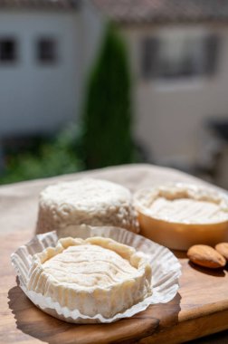 Fransız peynirleri Rocamadour ve Saint-Marcellin güneş ışığında bademlerle zeytin ağacı tahtasında servis edildi.