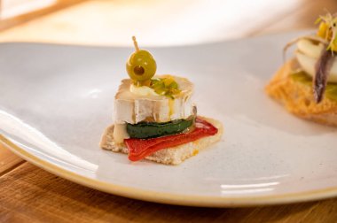 Bask ülkesinin tipik aperatifleri, küçük ekmek parçaları, deniz ürünleri, yumurta, peynir içeren pinkholar, San-Sebastian veya Bilbao, İspanya 'daki barlarda servis edilen küçük ekmekler.