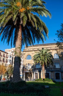 Walking in old harbor and central part of Donostia or San Sebastian city, Basque Country, Spain in sunny day