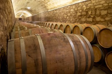 Old french oak wooden barrels in underground cellars for wine aging process, wine making in La Rioja region, Spain