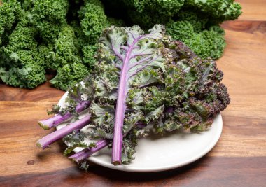 Kışın taze sebze yaprakları yeşil ve mor lahana.