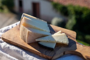 İspanyol sert peynir çeşitleri, curado, manchego, keçi ve koyun peynirleri İspanya 'da yeşil çayır ve eski peynir çiftliği manzaralı açık havada servis edilmektedir.