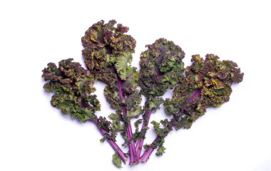 Beyaz arka planda kışın sebze, mor lahana yaprakları izole edilmiş.