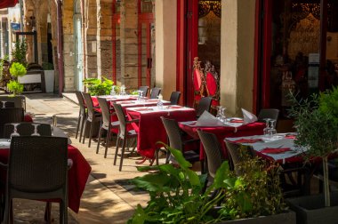Tourists destination, views of streets, houses, cafes in old central part of Lyon in summer, France