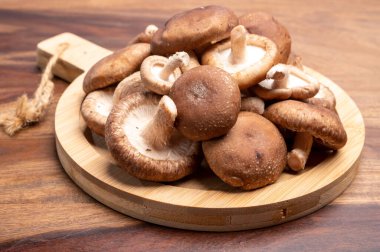 Taze kahverengi Lentinula edodes veya Japonya 'dan yenebilir Shiitake mantarları.