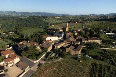 Wine making region Beaujolais Pierre dorees wioth yellow houses and hilly vineyards, aerial view, France in summer